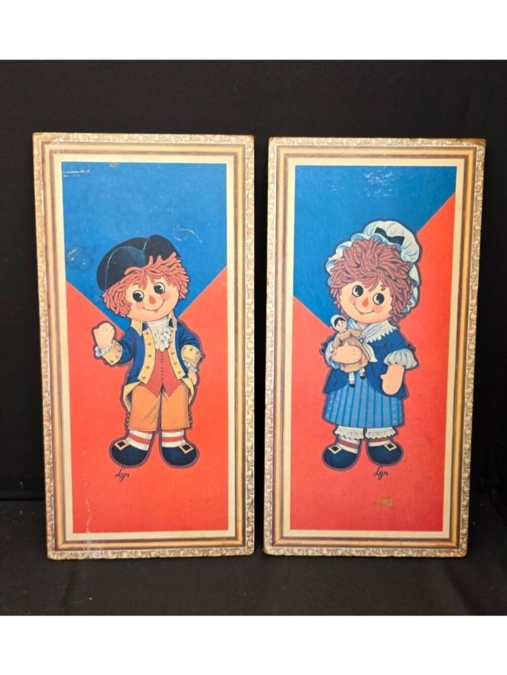 Vintage 1970s Raggedy Ann and Andy Colonial Style Wall Plaques by Soroka Sales